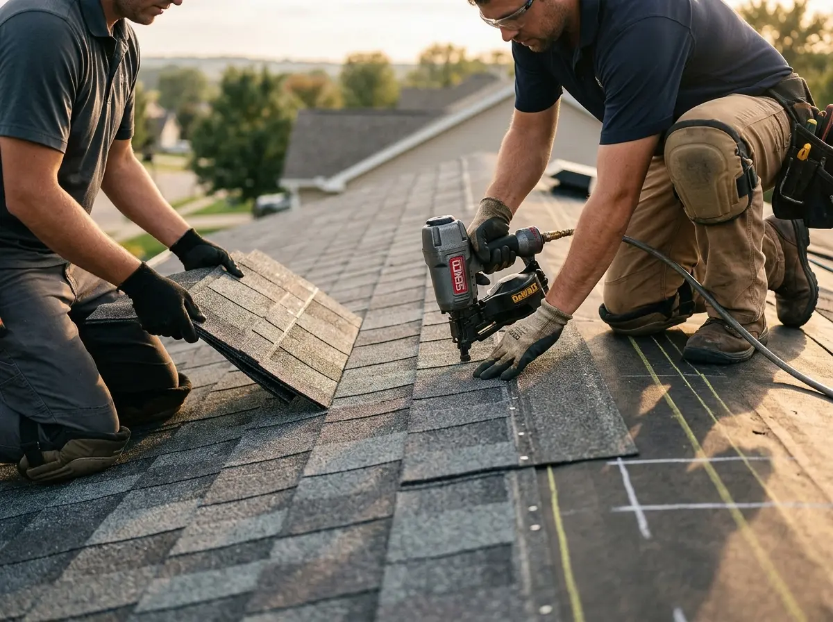 Professional roofer working on a residential roof in Ladera Heights